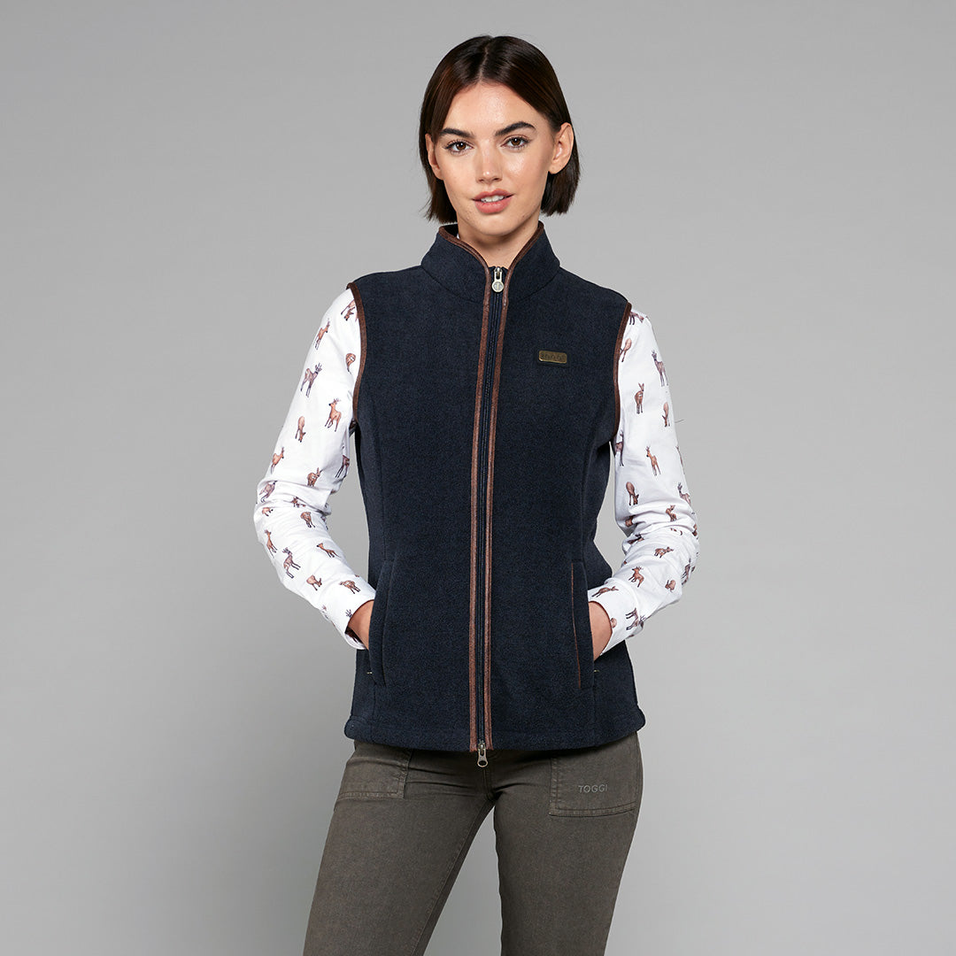 TOGGI Regent Women's Navy Fleece Gilet with deer print shirt and khaki trousers