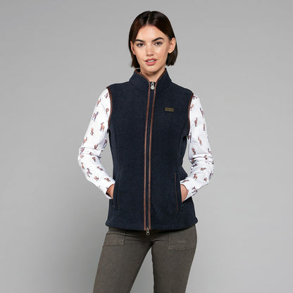 TOGGI Regent Women's Navy Fleece Gilet with deer print shirt and khaki trousers