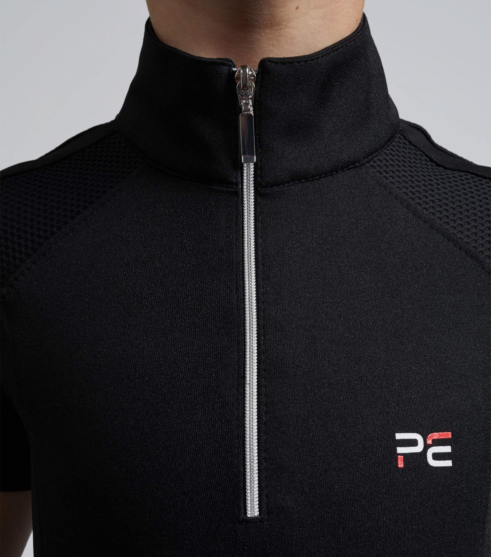 Girl's Black Riding Top: Premier Equine Technical Shirt with Zip Neck & Mesh for Summer Riding Performance