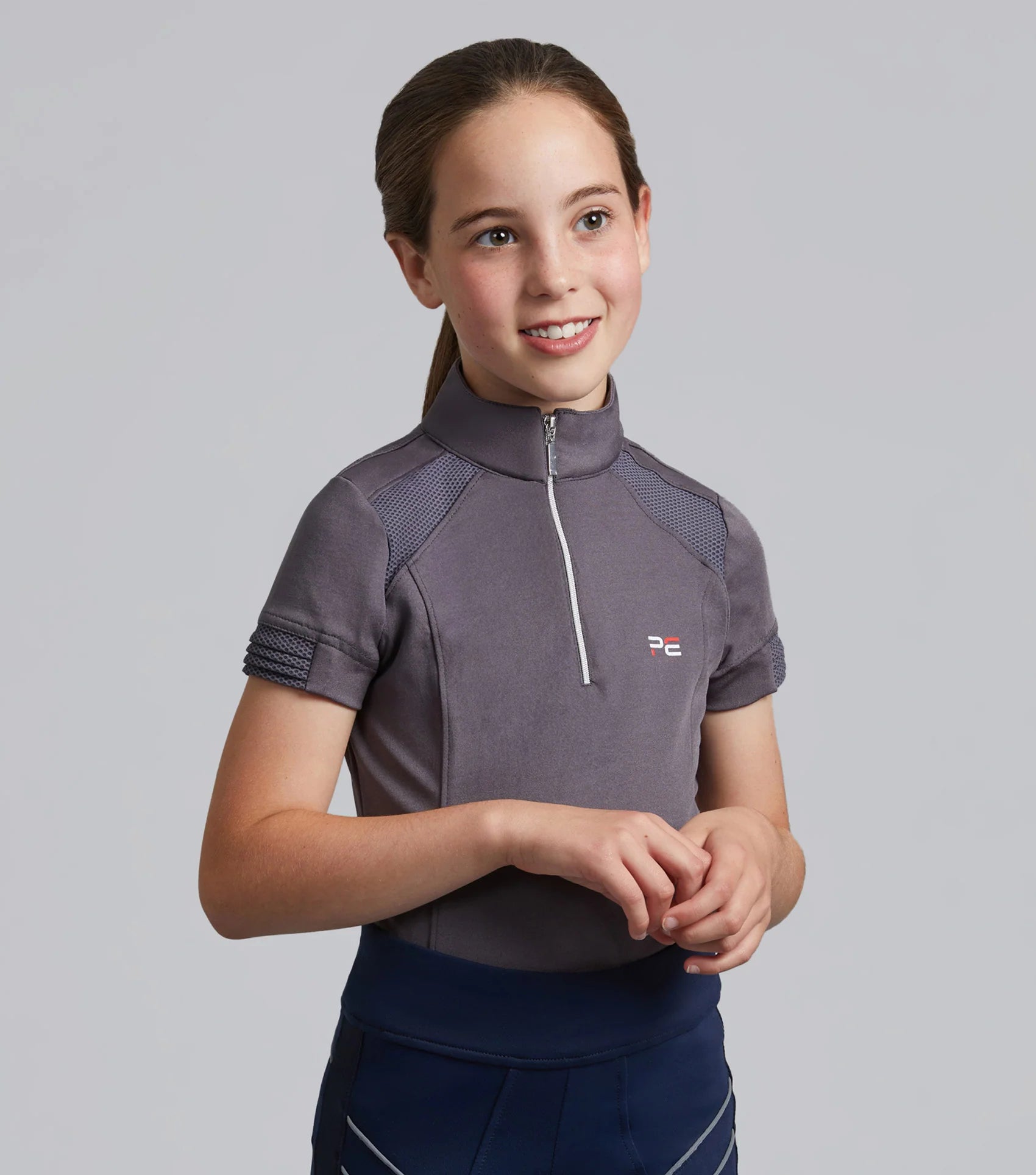 Premier Equine Girl's Grey Riding Top | Technical Short Sleeve Shirt for Equestrian Sport