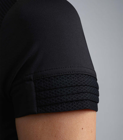 PREMIER EQUINE Remisa Ladies Technical Riding Top - Black Short Sleeve Shirt with Mesh Panels & Pleated Sleeves