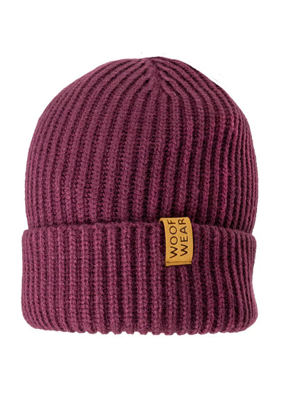 WOOF WEAR Plum Ribbed Beanie: Knitted Wool Hat with Fleece Lining