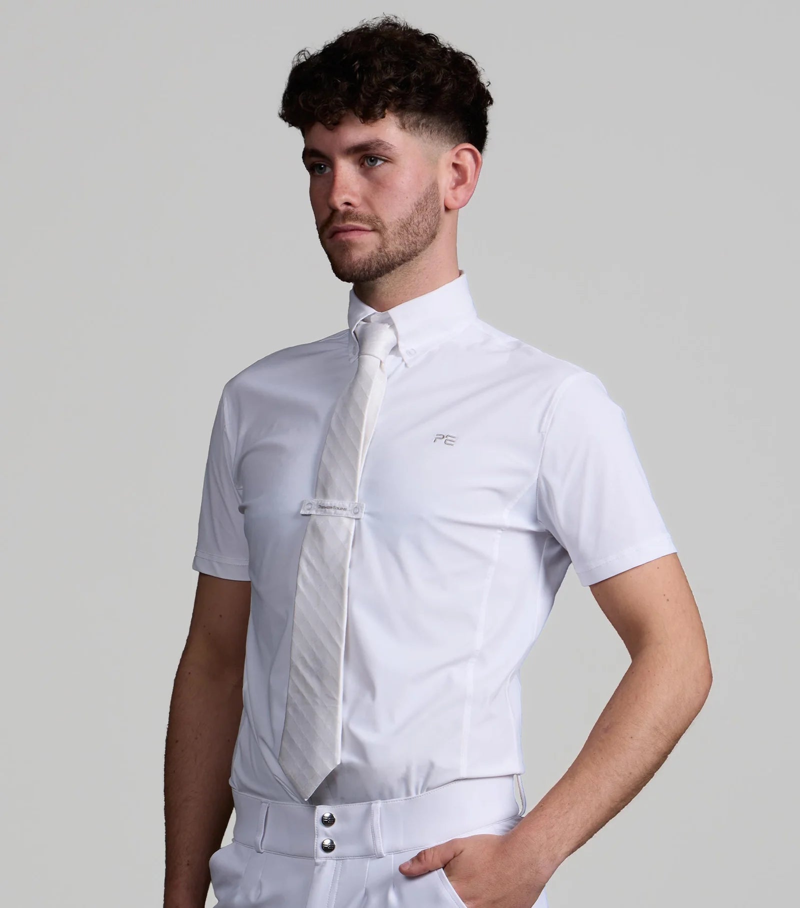Premier Equine Rubato Men's Short Sleeve Equestrian Show Shirt - White. Competition Ready!
