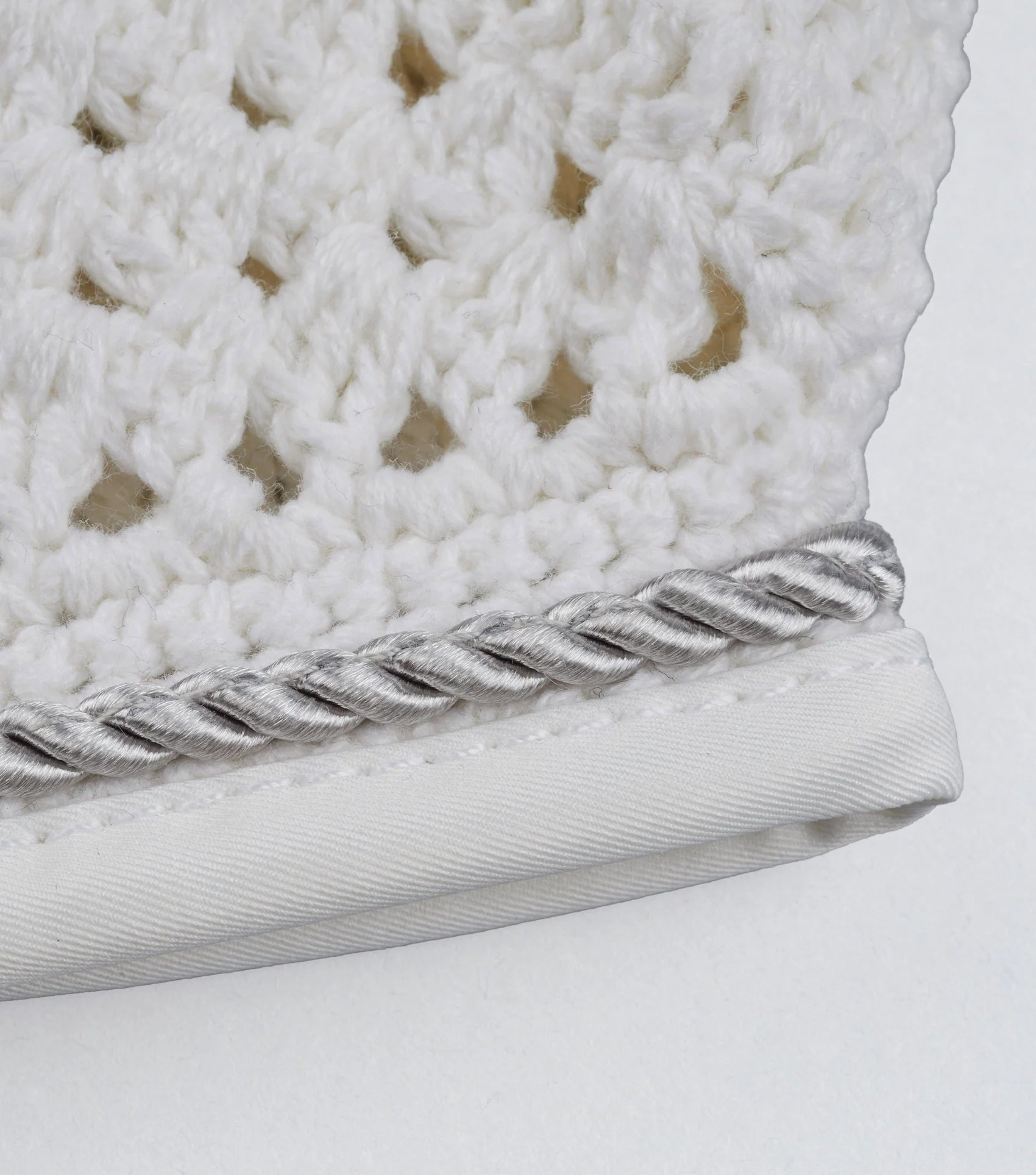 PREMIER EQUINE Salto Fly Veil - White crochet horse fly net with silver rope trim. Keeps insects away, reduces noise, increases focus.