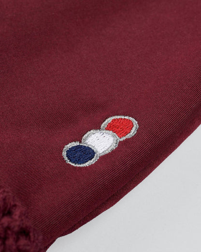 PREMIER EQUINE SALTO FLY VEIL WINE, Stylish equestrian fly veil with red, white, and blue detail.
