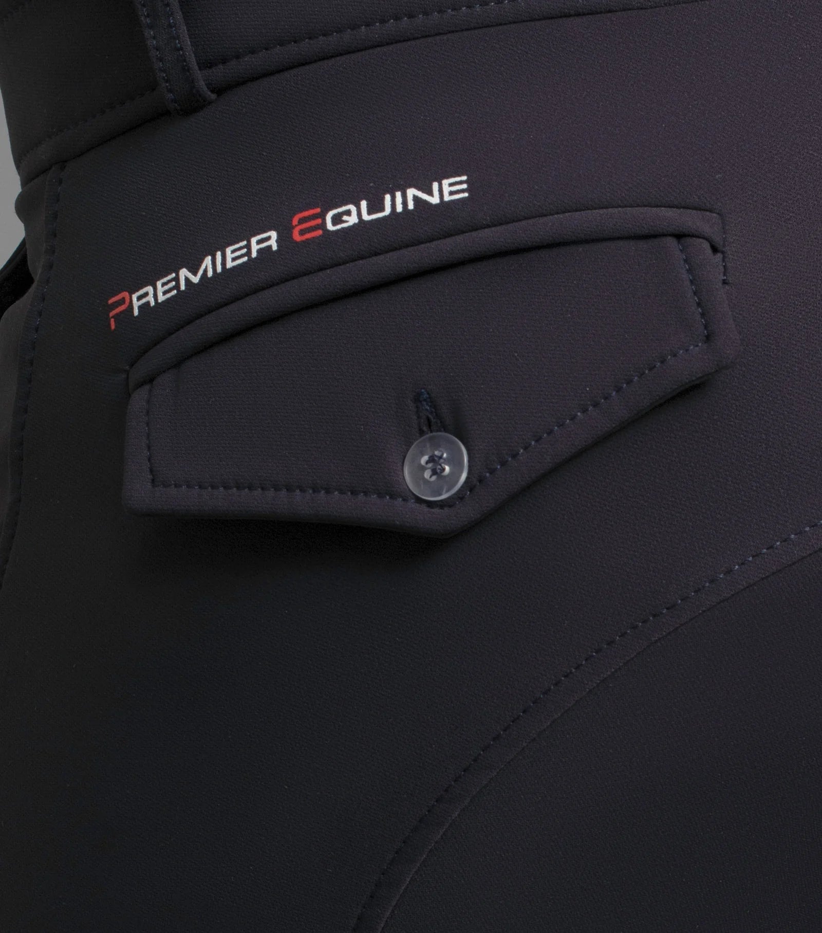 Premier Equine Santino Men's Navy Riding Breeches: Close-up of back pocket detail