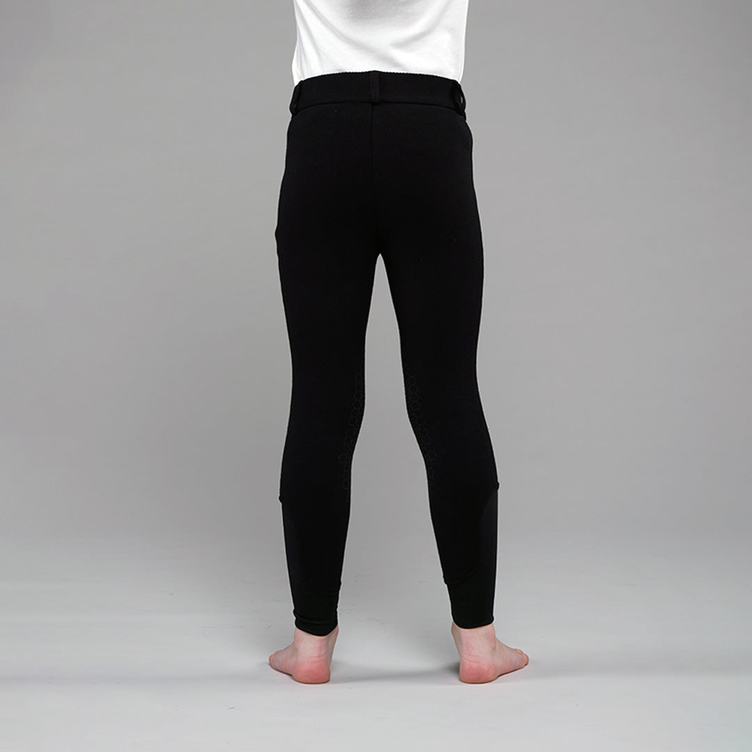 Black children's equestrian breeches with silicone knee grip and sock bottom