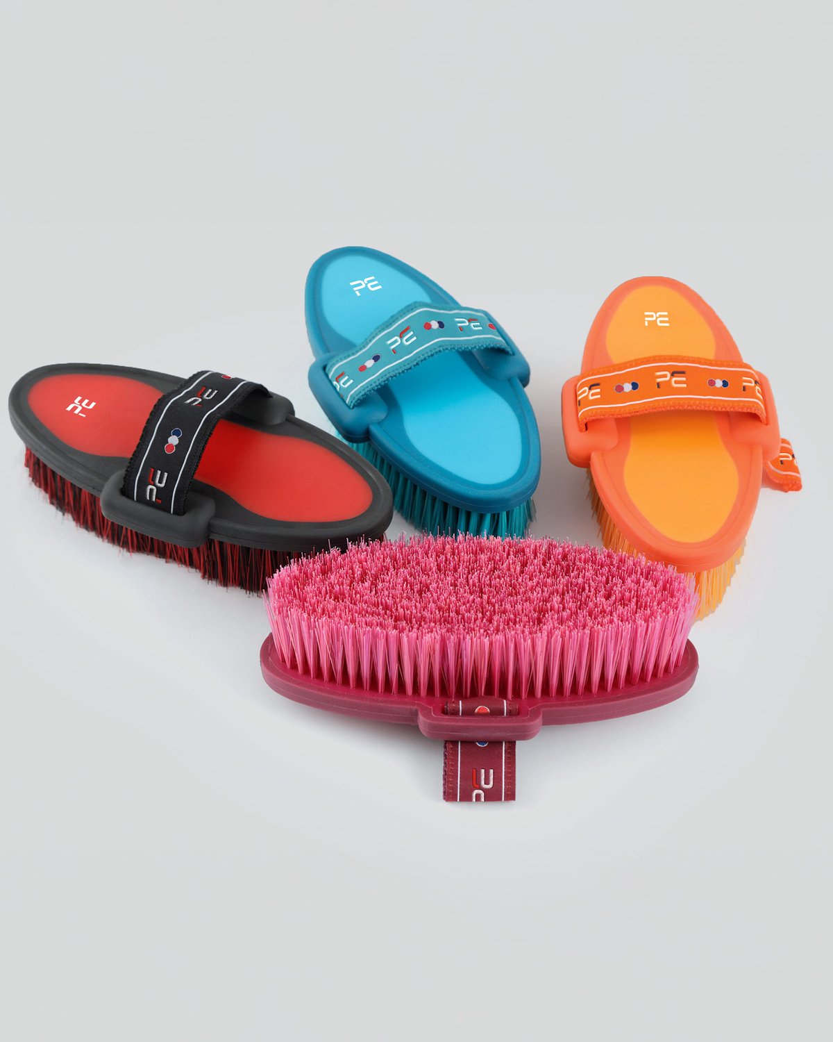 Equiflair Premier Equine Horse Grooming Brushes Set: Soft-Touch Body Brush in Wine & Fuchsia, Red, Blue, Orange.