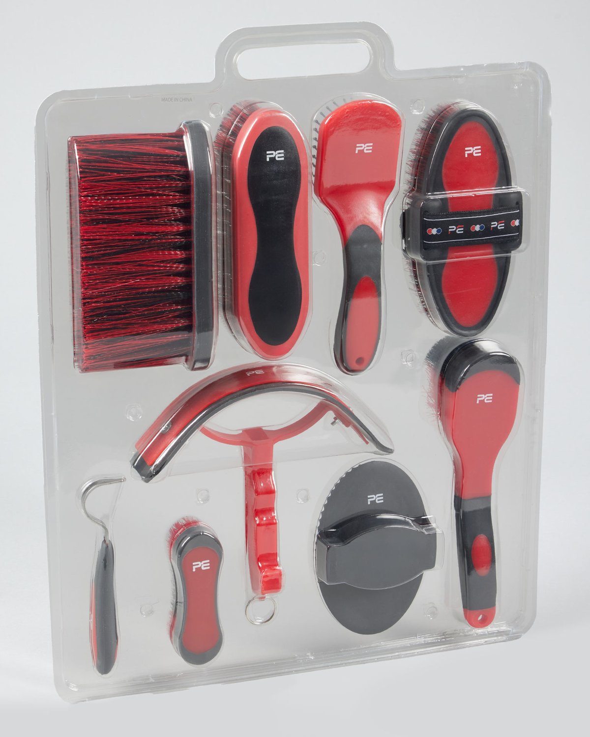 Premier Equine Soft-Touch Grooming Kit Set - 9 Pieces Black & Red