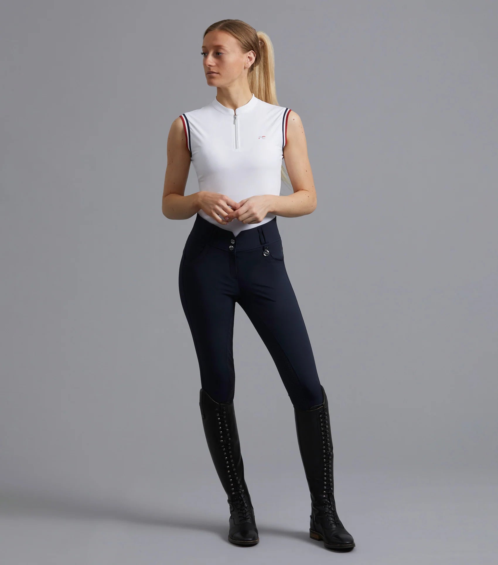Premier Equine Sophia Navy Riding Breeches: High Waist, Full Seat. Equestrian apparel.