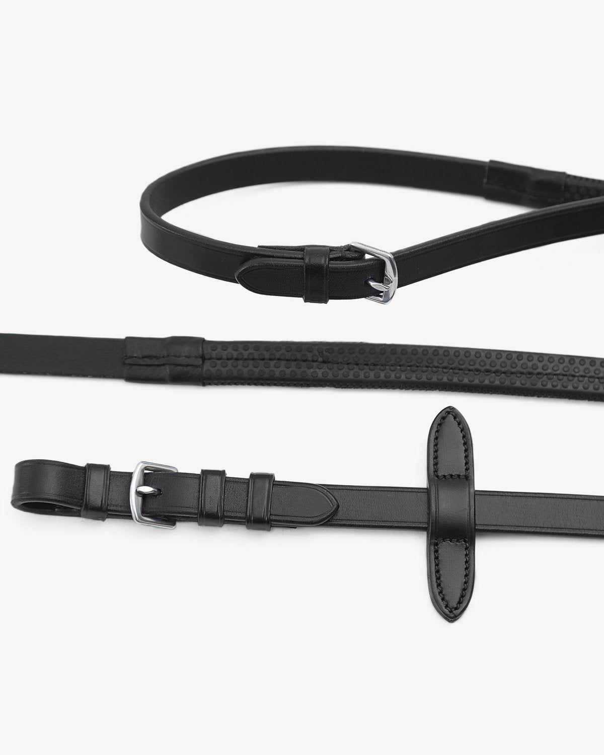 Premier Equine Stefano Black Rubber Reins: Italian Leather, Stainless Steel Buckles, Grip, Martingale Stops - Shop Equiflair!