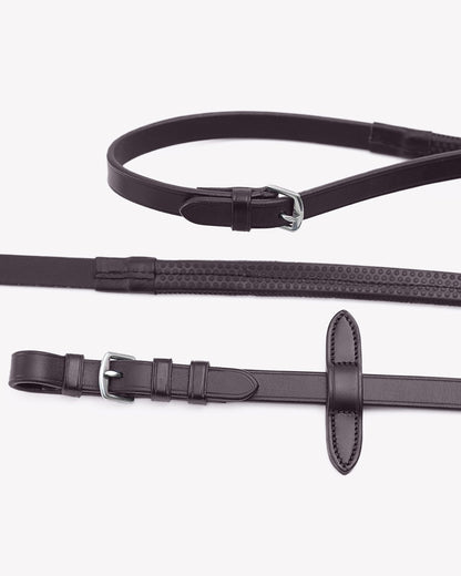 Premier Equine Stefano Brown Rubber Reins with Stainless Steel Buckles & Leather Martingale Stoppers - Equestrian Riding Equipment