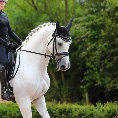 Dressage Horse with Premier Equine Stellazio Anatomic Bridle Black. White Horse wearing Equestrian gear. Snaffle bridle, black leather.