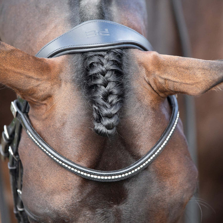 Black Leather Horse Bridle with Braided Mane: Premier Equine Stellazio Snaffle with Diamante Browband
