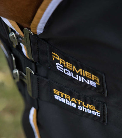 Premier Equine Stratus Stable Sheet Black: Close-up of Straps & Logo. Horse Stable Blanket for Moisture Wicking & Breathability