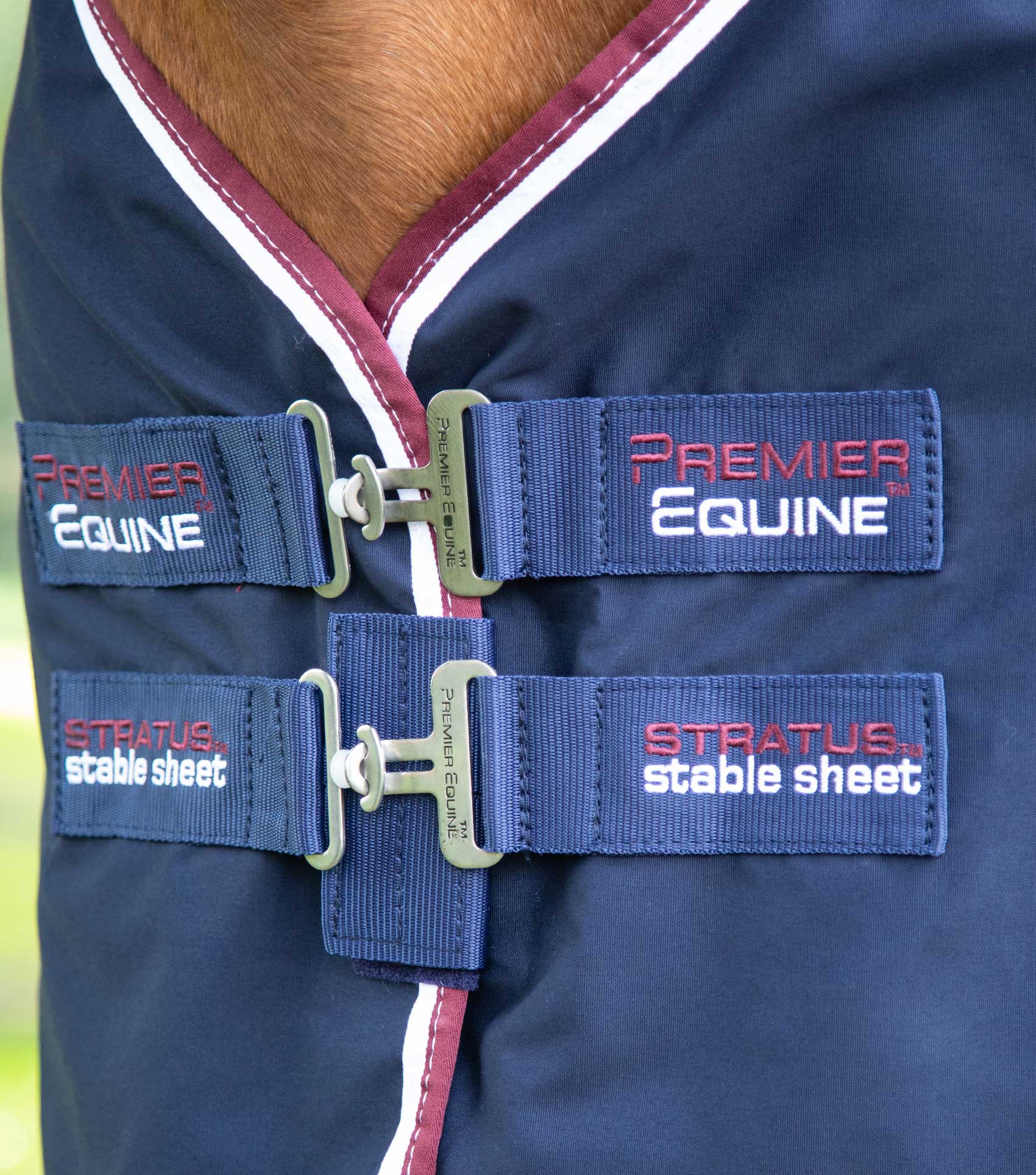 Premier Equine Stratus Stable Sheet Navy - Horse Blanket Detail with Buckles and Logo. Durable, Comfortable, and Stylish Horsewear.