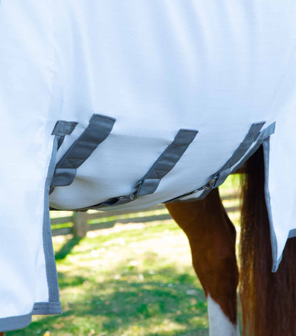 Premier Equine Sweet Itch Buster Fly Rug: White horse rug with belly flap, protecting from flies and insects.