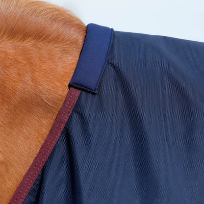 Premier Equine Titan Navy Turnout Rug: Close-up of fit around horse's shoulder & neck. Waterproof, Durable Horse Rug