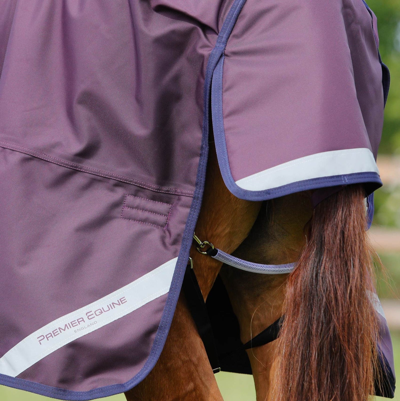 Premier Equine Titan 200g Original Turnout Rug - Purple horse rug with tail flap and Premier Equine logo. Waterproof and durable.