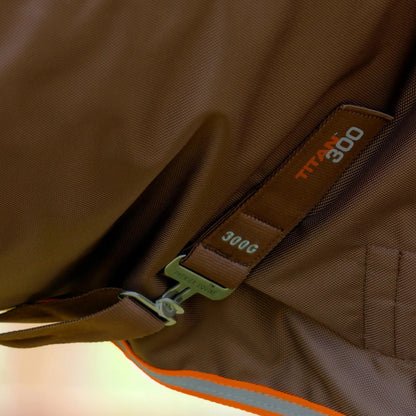 Premier Equine Titan 300g Turnout Rug Brown with Snug-Fit Neck Cover. Heavyweight horse rug.