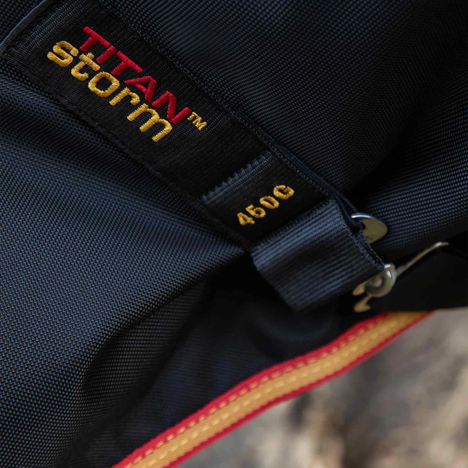 Premier Equine Titan Storm 450G Combo Turnout Rug Label. Durable horse rug.