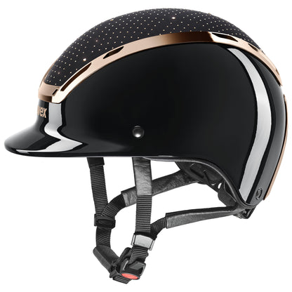 UVEX Exxeed Glow Riding Helmet - Black/Rose Gold: Hybrid, lightweight & stylish equestrian helmet. Buy now from Equiflair!