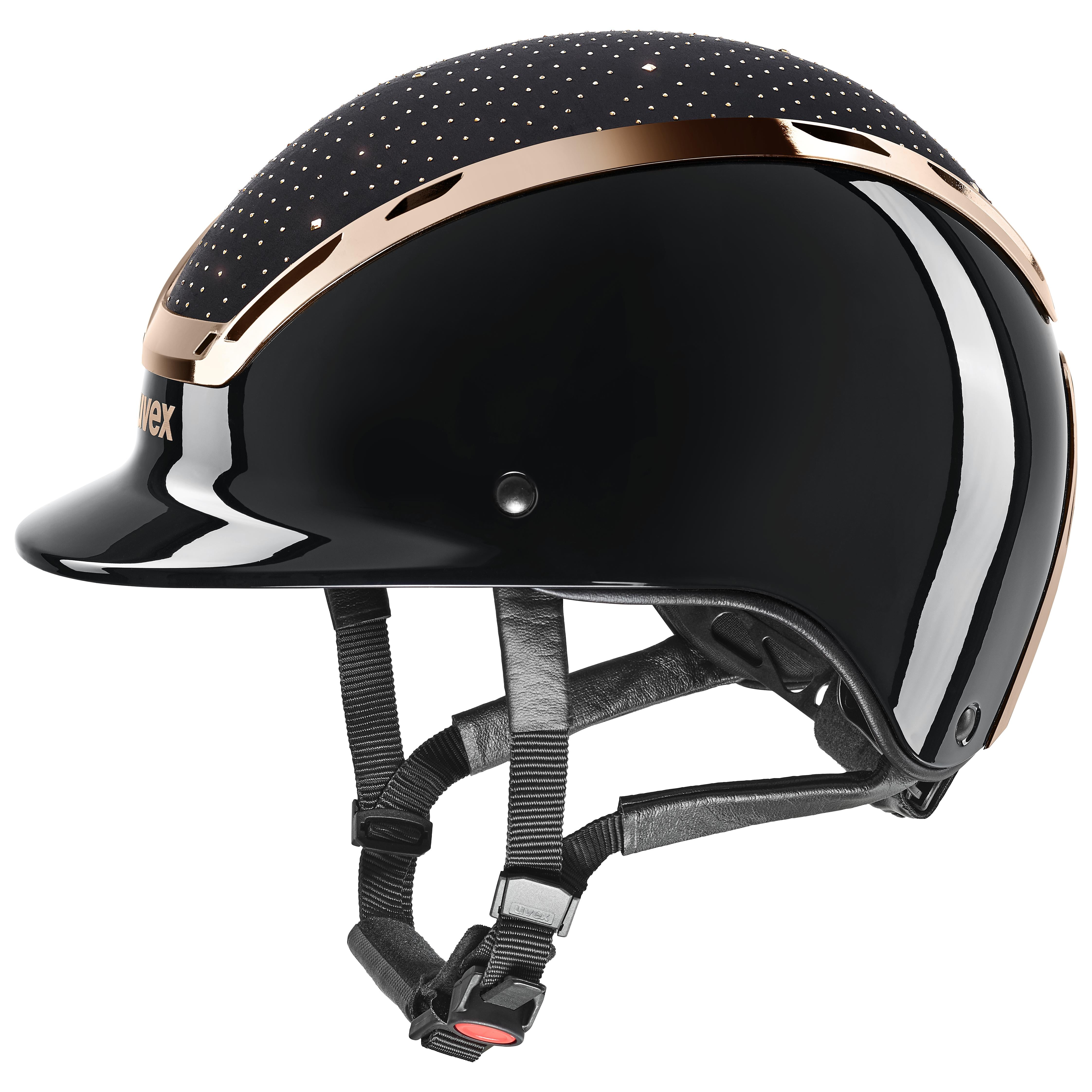 UVEX Exxeed Glow Riding Helmet - Black/Rose Gold: Hybrid, lightweight & stylish equestrian helmet. Buy now from Equiflair!