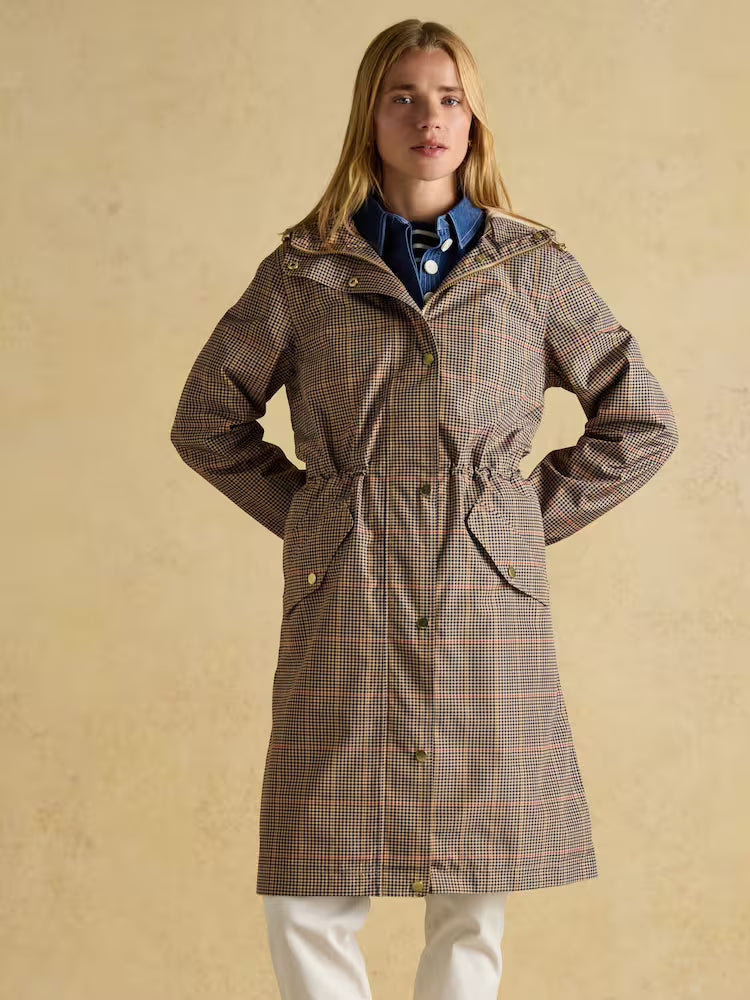 Joules Holkham Henson Check Waterproof Packable Long Coat for Women