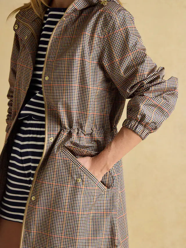 Joules Holkham Henson Check Packable Waterproof Raincoat - Stylish Brown Plaid Jacket for Women
