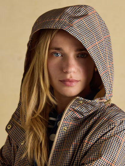 JOULES HOLKHAM HENSON CHECK Waterproof Jacket: Packable, Brown Checkered Coat for Women