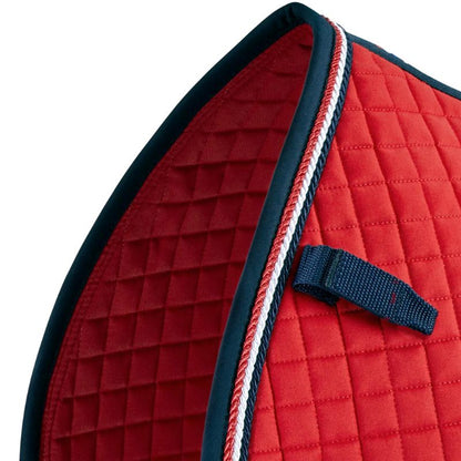 Premier Equine Red Quilted Saddle Pad - GP/Jump Square with Navy Trim & D-loop. Equestrian tack closeup
