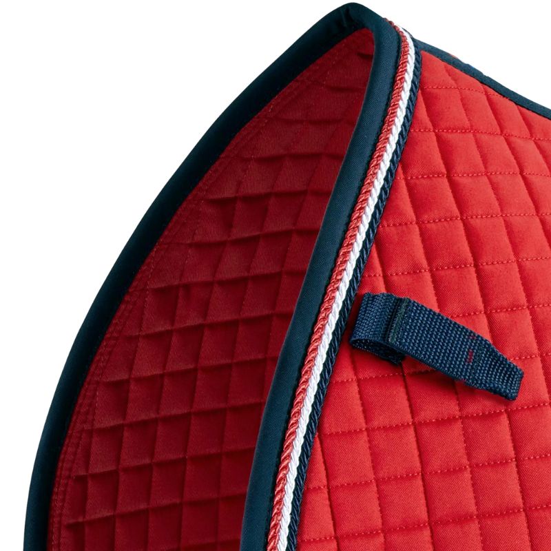 Premier Equine Red Quilted Saddle Pad - GP/Jump Square with Navy Trim & D-loop. Equestrian tack closeup