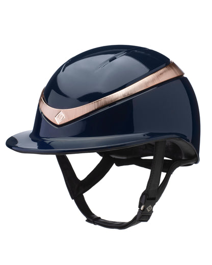 Charles Owen Halo Helmet: Navy/Rose Gold, Wide Peak. Equestrian Riding Helmet with 360° Ventilation & Premium Safety Features.