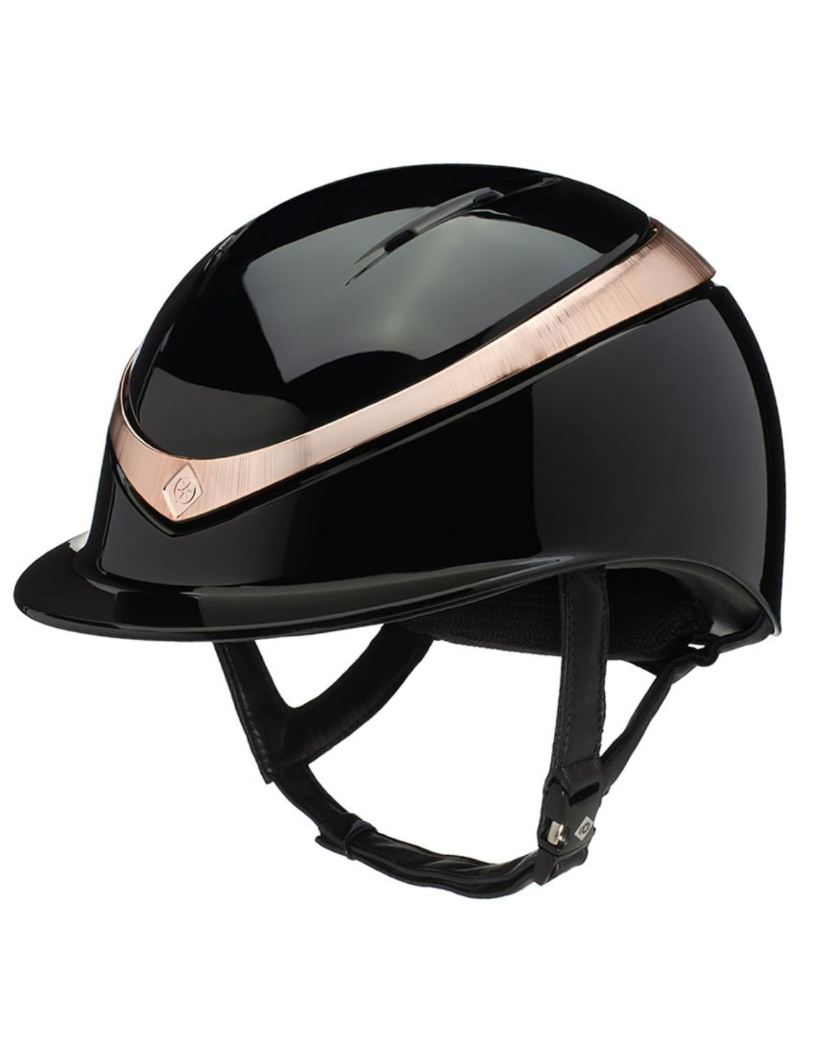 Charles Owen Halo Riding Helmet - Black Gloss with Rose Gold Trim. High-Performance Equestrian Headgear. Safety Certified.