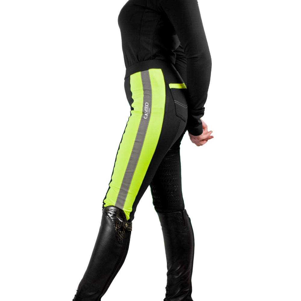 CAMEO THERMO TIGHTS HI VIZ: Black Equestrian Riding Tights with High Visibility Yellow Stripe for Winter Riding