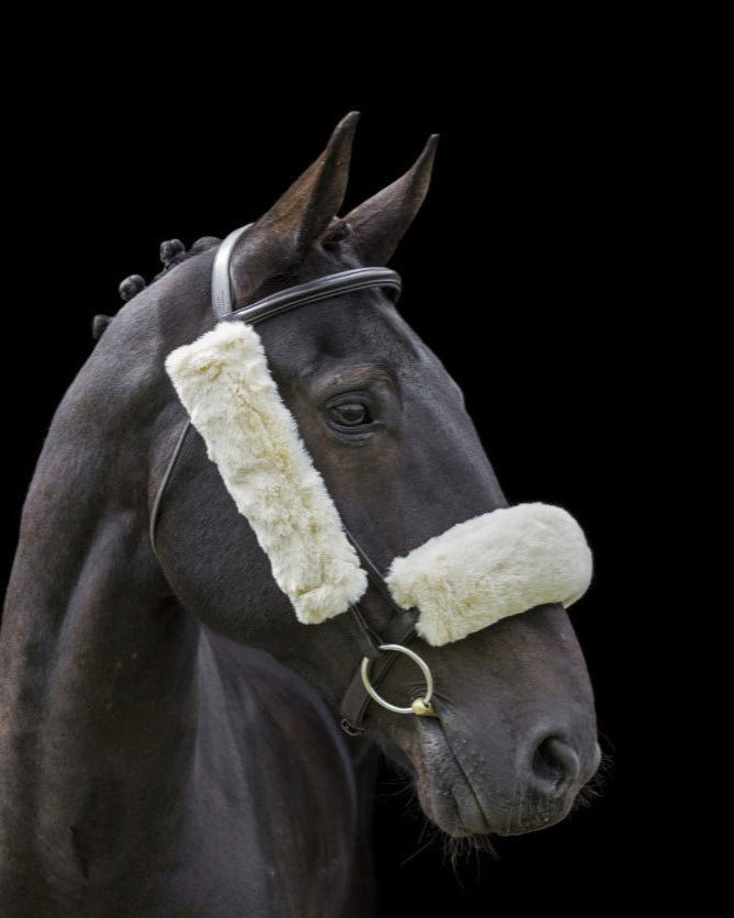 Horse with Cream Lambswool French Blinkers - Equiflair Training Aid