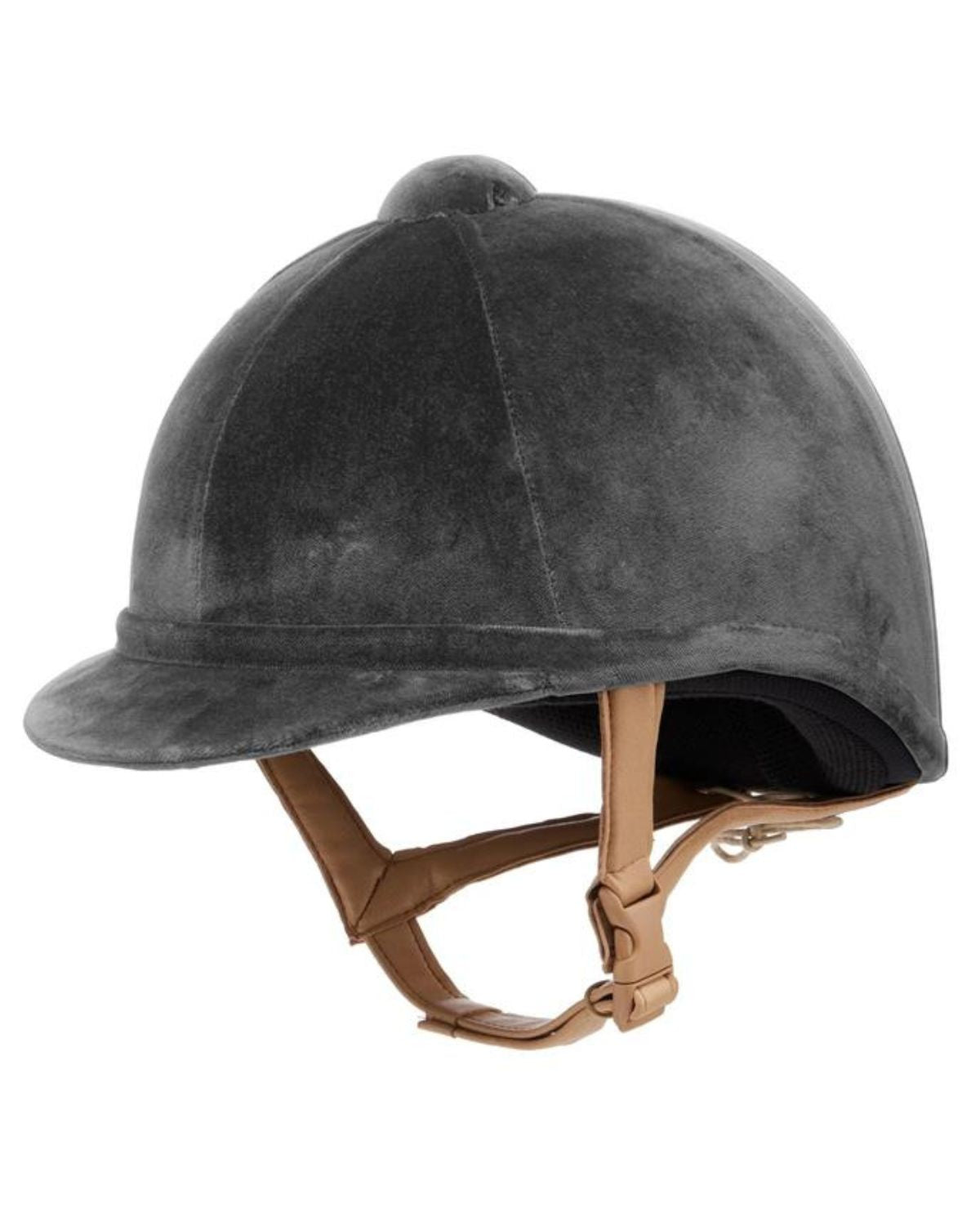 Charles Owen Hampton Grey Velvet Riding Helmet with Dun Harness. Equestrian safety headwear.
