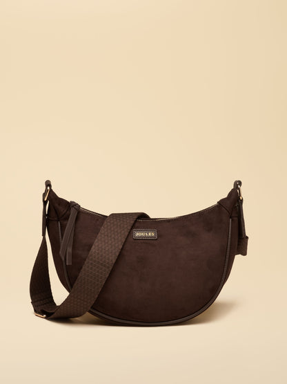 Joules Suedette Chocolate Brown Moon Crescent Crossbody Bag | Velvety Feel, Adjustable Strap