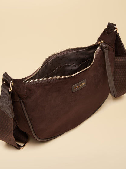 Women's Joules Chocolate Brown Suedette Moon Crossbody Bag with Gold Hardware