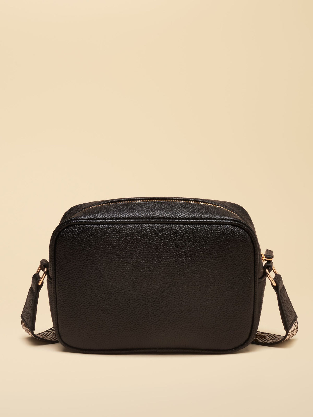 Black faux leather Joules Trent cross-body bag with adjustable patterned webbing strap