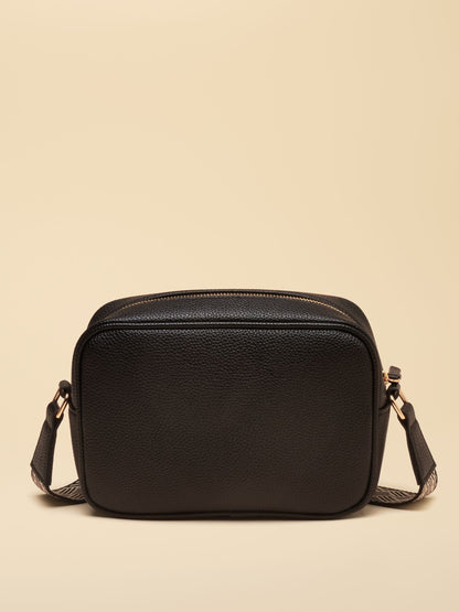 Black faux leather Joules Trent cross-body bag with adjustable patterned webbing strap