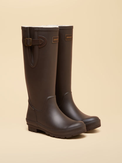 Joules Houghton Chocolate Brown Tall Waterproof Faux Fur Lined Wellington Boots for Women