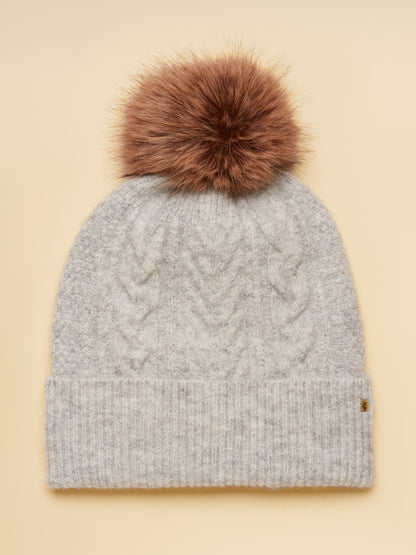 Joules Women's Grey Cable Knit Winter Hat with Faux Fur Bobble