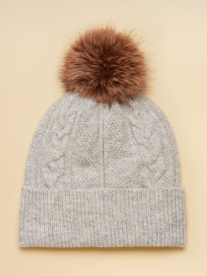 Women's Grey Cable Knit Winter Hat with Faux Fur Pom Pom by Joules