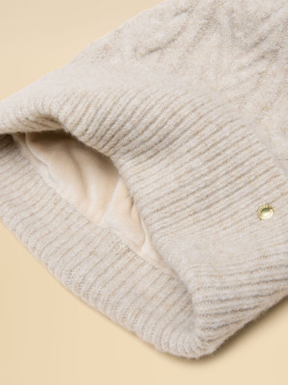 Joules women's cream cable knit winter hat with soft thermal lining and subtle gold branding tab