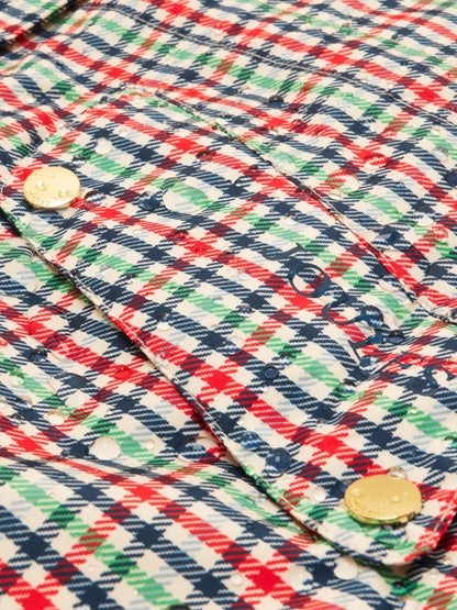 Joules women's waterproof packable plaid raincoat with hood, featuring water droplets and branded snap button.