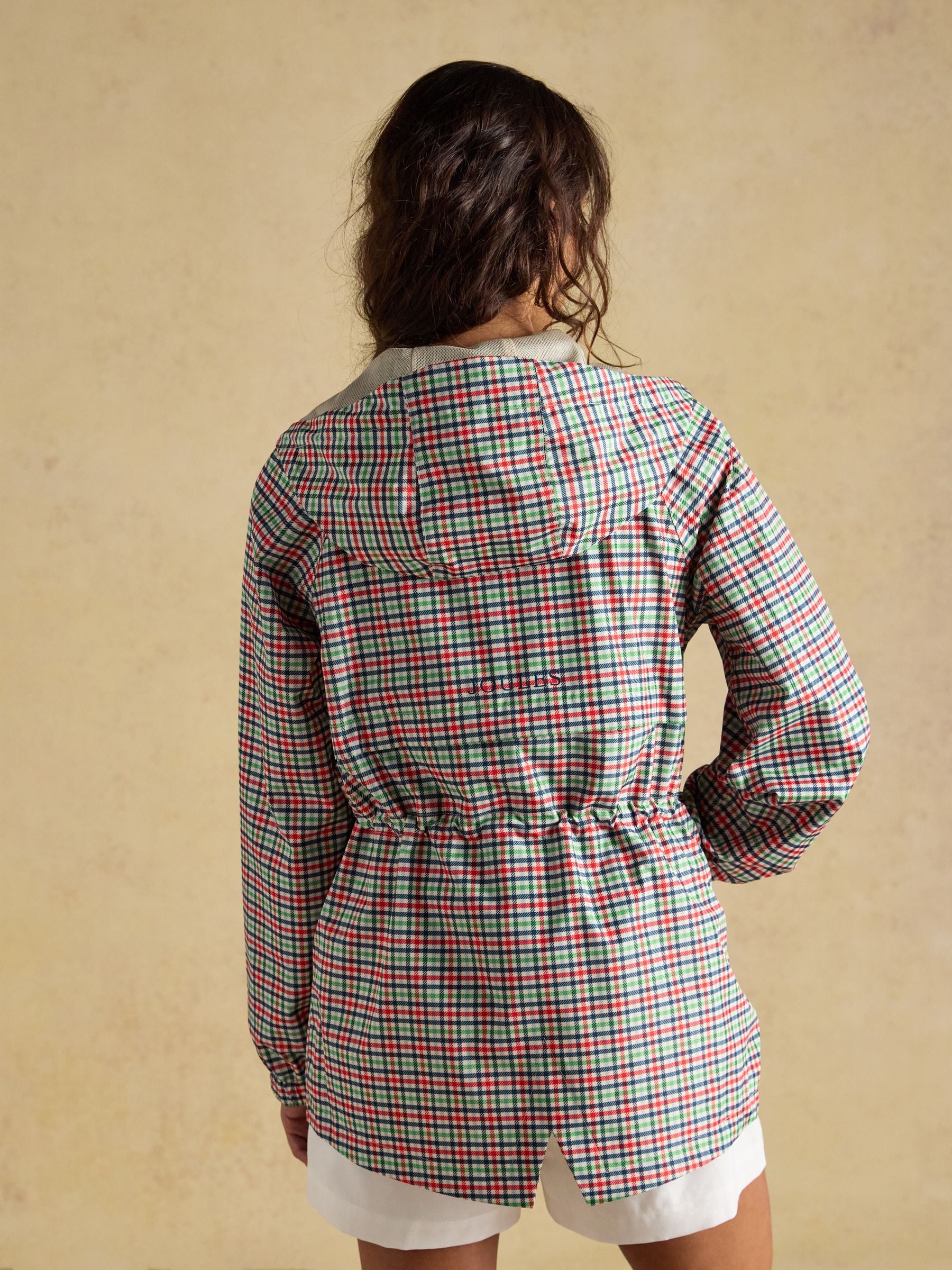 Joules women's red green blue plaid waterproof packable hooded raincoat jacket