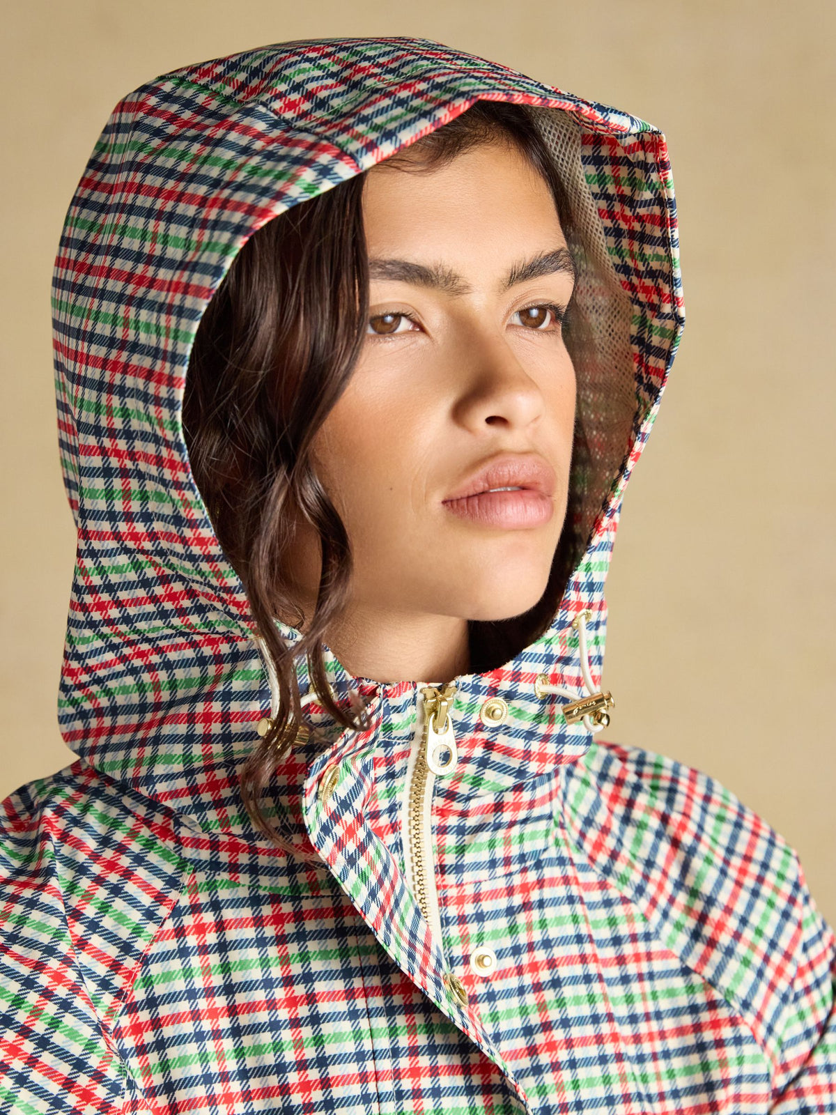 Joules Everdry Eden Check Waterproof Packable Raincoat with Hood for Women
