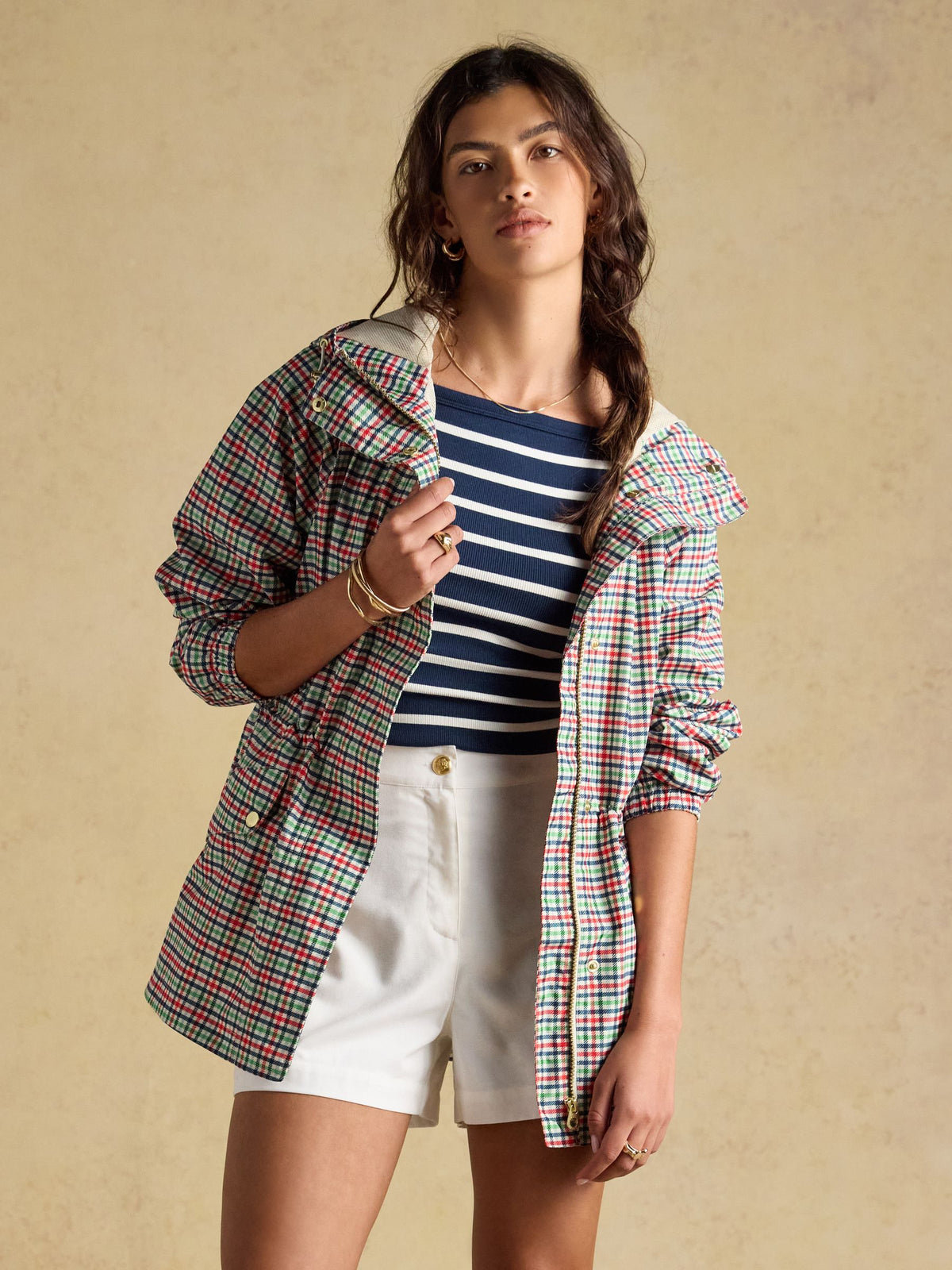 Joules Eden Check Waterproof Packable Raincoat for Women with Hood - Navy, Red, Green
