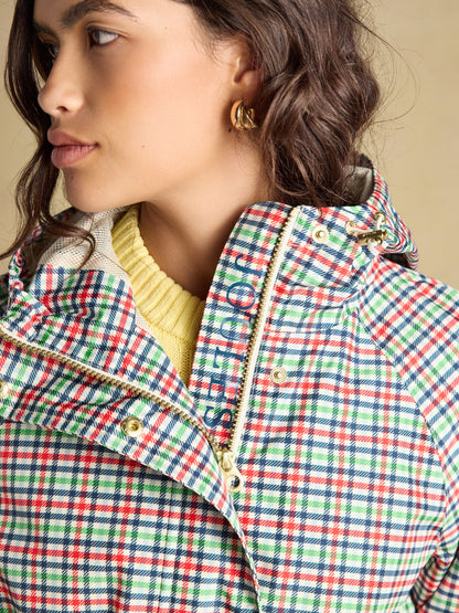 Joules Women's Eden Check Waterproof Packable Raincoat with Hood - Equiflair